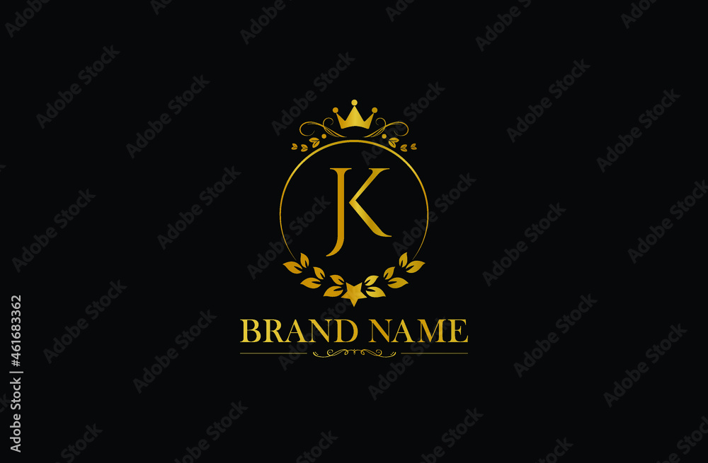 Luxury letter JK vector logo mark, elegant ornament monogram, Golden Initials J and K with crown
