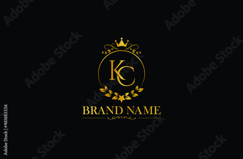Luxury letter KC vector logo mark, elegant ornament monogram, Golden Initials K and C with crown