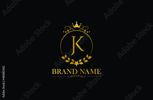 Luxury letter JK vector logo mark  elegant ornament monogram  Golden Initials J and K with crown