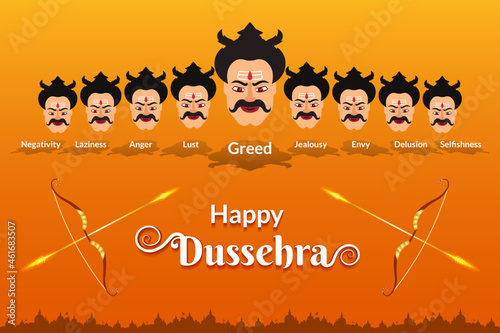 Indian festival Dussehra greeting with golden bow and arrow. Ravana 10 heads denotes 10 evils of everyone. This dussehra destroy greed, lust, anger and other evils in yourself.