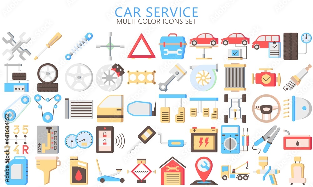 car service multi color icons set, auto repair and transport. Collection modern elements and symbols. Used for modern concepts, web, UI, UX kit and applications. EPS 10 ready to convert to SVG.