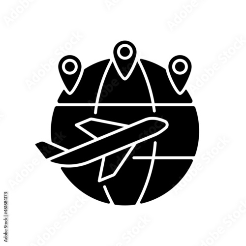 Excellent connectivity black glyph icon. Changi airport. Flights to international destinations. Global air transport network. Silhouette symbol on white space. Vector isolated illustration