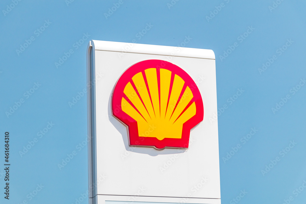 Gdansk, Poland July 14, 2021 Shell gas station logo on blue sky
