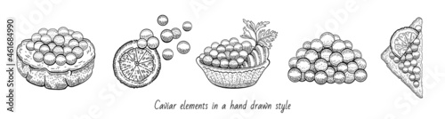 Caviar sketch illustration. Salmon caviar drawing. Vector vintage fish food. Black red fish egg in hand drawn doodle design. Spoon, sanswich, plate. Engraved pattern, art cartoon isolated on white