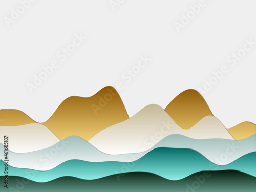 Abstract mountains background. Curved layers in brown blue green colors. Papercut style hills. Elegant vector illustration.