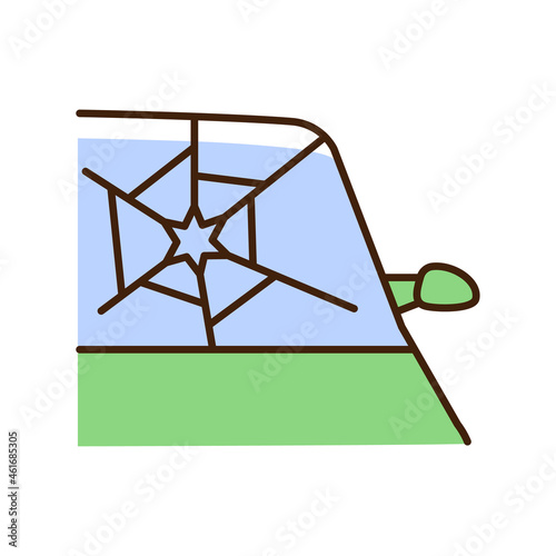 Broken car glass RGB color icon. Windscreen damage. Shattering windshield in accident. Broken vehicle windows and mirrors. Cracked windshield. Isolated vector illustration. Simple filled line drawing
