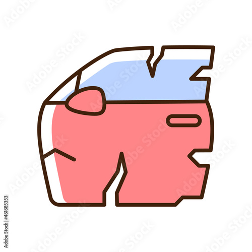 Broken car door RGB color icon. Road traffic accident. Door panel dents. Damaged auto body side. Deep scratches in vehicle exterior. Isolated vector illustration. Simple filled line drawing
