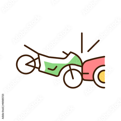 Collision with motorcycle RGB color icon. Dangerous situation for motorcyclist. Car accident. Head-on collision. Driver negligence. Isolated vector illustration. Simple filled line drawing