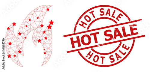 Fire star mesh and grunge Hot Sale seal stamp. Red seal with scratched surface and Hot Sale slogan inside round shape. Hot Sale stamp seal uses circle form, red color.