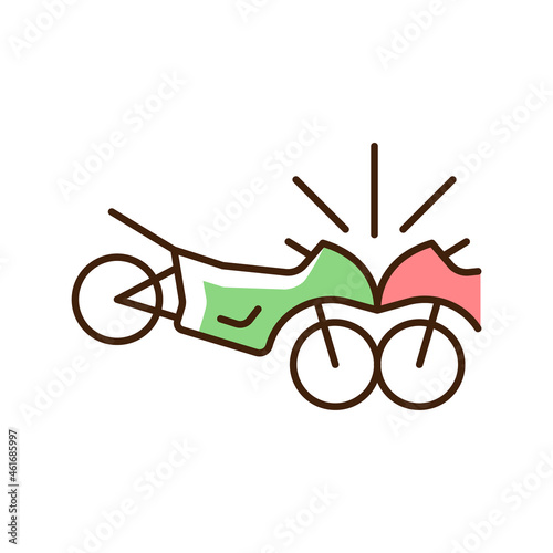 Motorcycles accident RGB color icon. Head-on collision of two motorcyclists. Speeding-related crashes. Colliding with other bikes in roadway. Isolated vector illustration. Simple filled line drawing