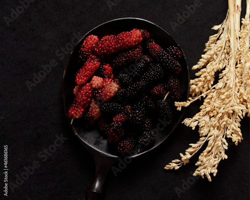 Fresh blackberries contain lots of vitamin C. This blackish purple fruit has an equally sweet taste. Blackberries contain soluble and insoluble fiber which is good for digestive health. Focus blur. photo