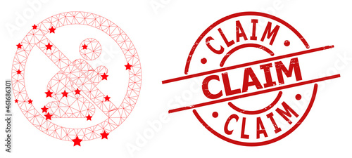Forbid praying man star mesh and grunge Claim seal. Red seal with corroded style and Claim caption inside round shape. Claim watermark uses round form, red color.