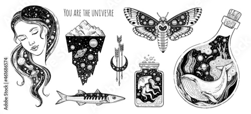 Tattoo art. Vector surreal astrology. Universe space tattoo print. Magic astronomy graphic with moon, star, moth, girl, whale, jellyfish. Sketch boho mystic illustration. Vintage esoteric surreal art