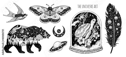 Tattoo art. Vector surreal astrology. Universe space tattoo print. Magic astronomy graphic with moon, star, moth, bear, swallow, turtle. Sketch boho mystic illustration. Vintage esoteric surreal art