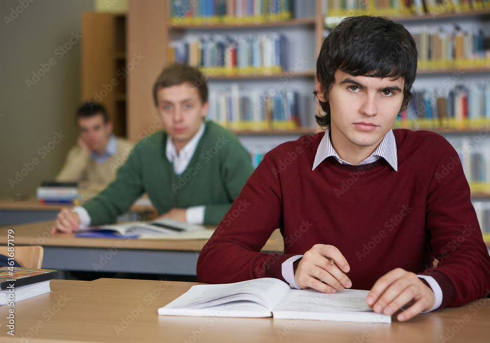 Portrait of student sitting at desk in library Portrait of student sitting at desk in library