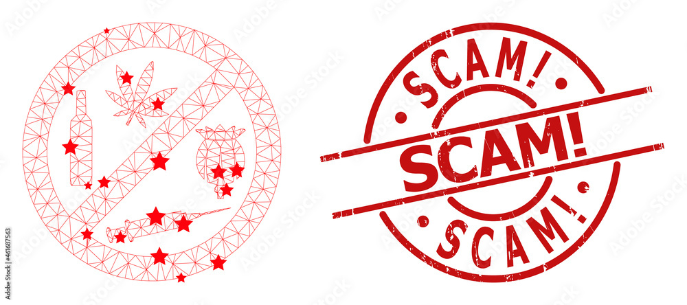 Forbid addiction drugs star mesh net and grunge Scam! seal stamp. Red seal with unclean surface and Scam! phrase inside round shape. Scam! stamp seal uses circle shape, red color. Forbid addiction drugs star mesh net and grunge Scam! seal stamp. Red seal with unclean surface and Scam! phrase inside round shape. Scam! stamp seal uses circle shape, red color.