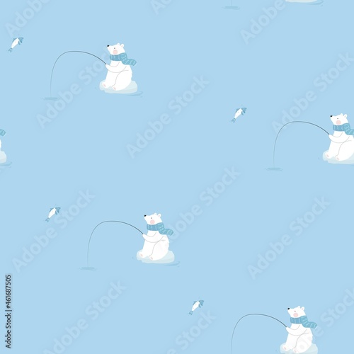 Seamless pattern with polar bear fishing