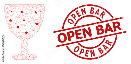 Wine glass star mesh network and grunge Open Bar seal stamp. Red watermark with rubber texture and Open Bar phrase inside round shape. Open Bar seal uses round form, red color.