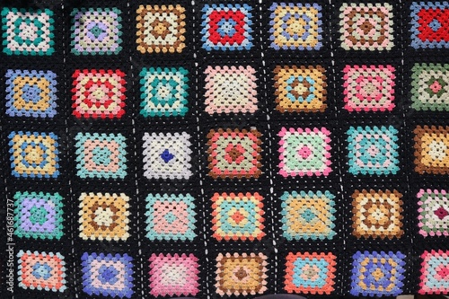 Vintage multi color crochet knit squares blanket craft