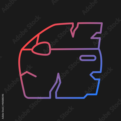 Broken car door gradient vector icon for dark theme. Road traffic accident. Door panel dents. Damaged auto body side. Thin line color symbol. Modern style pictogram. Vector isolated outline drawing