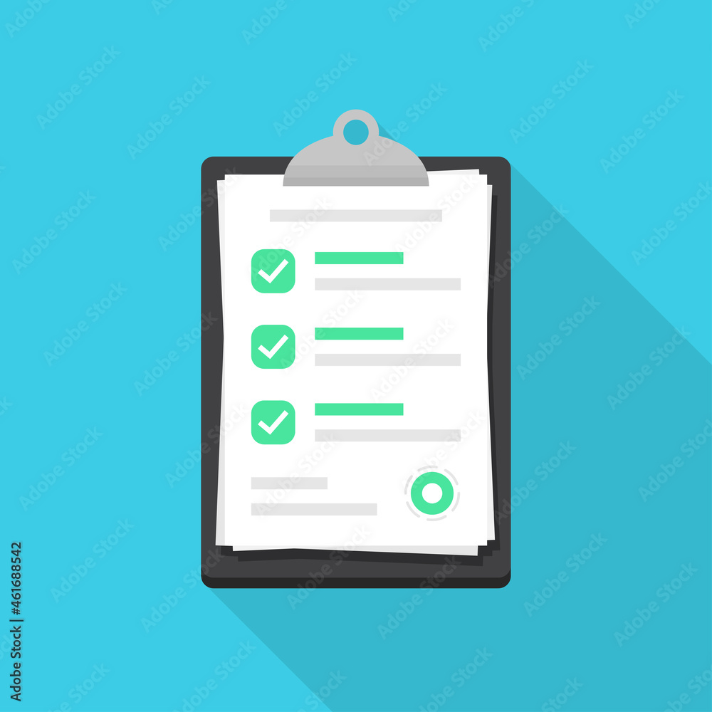 Clipboard with checklist document in a flat design. Checkmark document icon with long shadow Clipboard with checklist document in a flat design. Checkmark document icon with long shadow