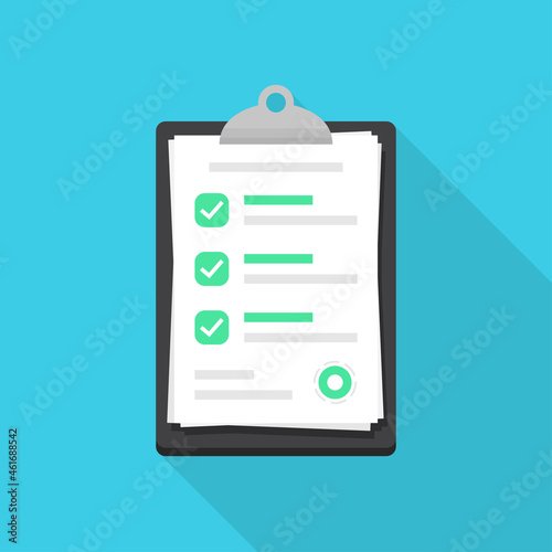 Clipboard with checklist document in a flat design. Checkmark document icon with long shadow