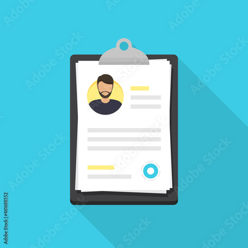 Man resume document in clipboard in a flat design with long shadow