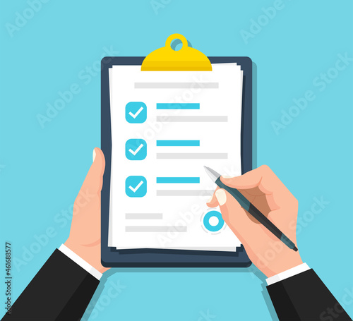 Businessman hands holding clipboard checklist with pen in a flat design