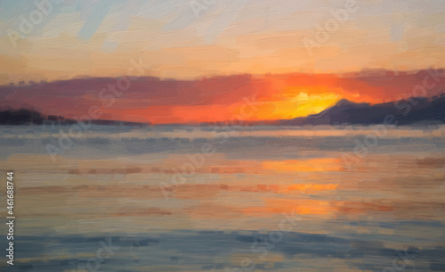 Beautiful sunset on Adriatic sea coast in Croatia painted on canvas texture for wallpaper design. Croatian seaside painting