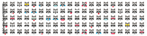 Big set of 100 racoon emoticon smile icons. Cartoon racoon emoji collection. Vector emoticon set