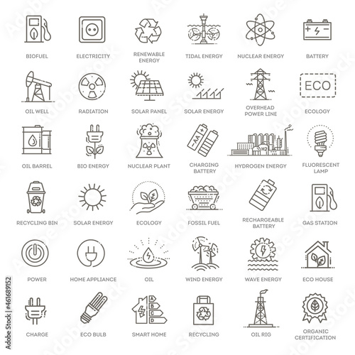 Collection of linear style vector icons on the theme of electric power. Renewable and non-renewable resources