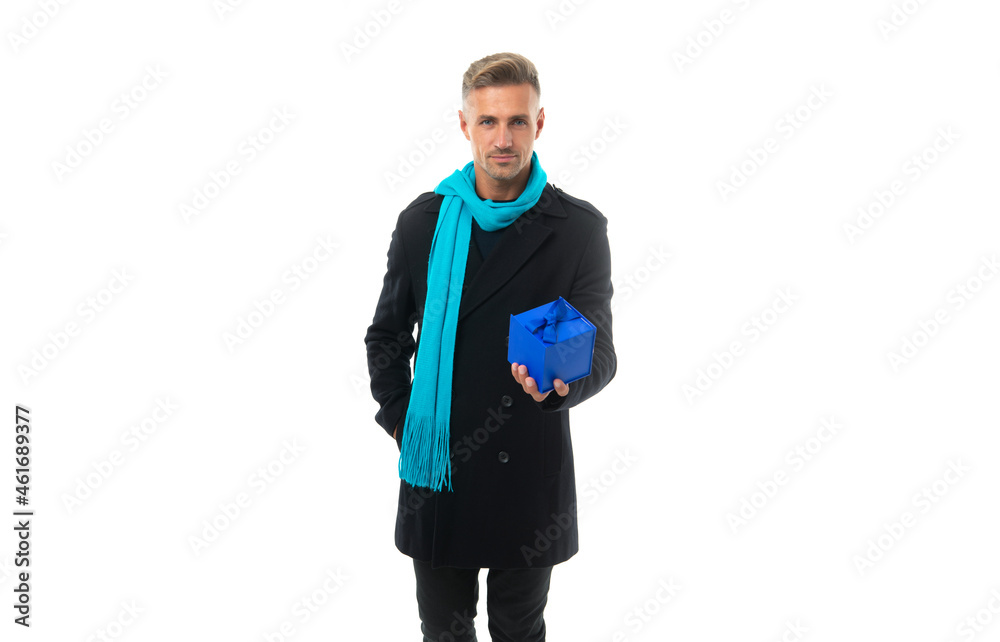 The best gift is hand-picked. Serious man hold gift box. Present giving. Boxing day The best gift is hand-picked. Serious man hold gift box. Present giving. Boxing day