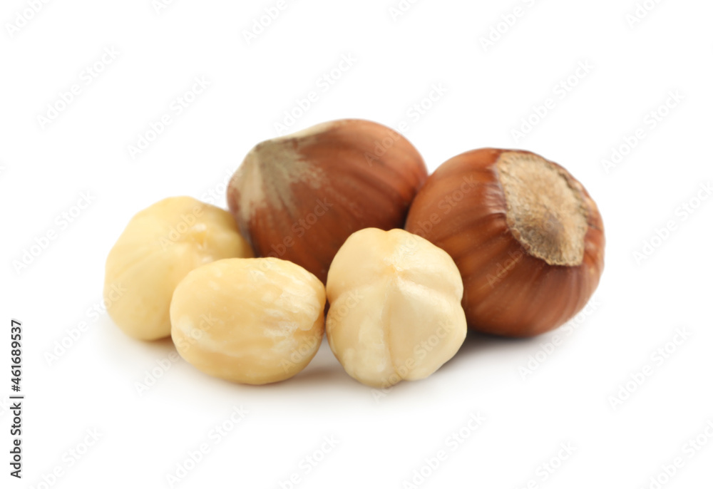 Tasty organic hazelnuts on white background. Healthy snack Tasty organic hazelnuts on white background. Healthy snack