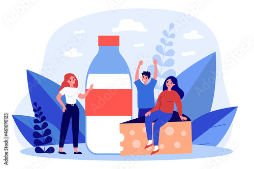 Nutritionist recommend taking dairy products. Tiny people having milk and cheese for good health. Calcium, healthcare, nutrition concept. Flat cartoon vector illustration.
