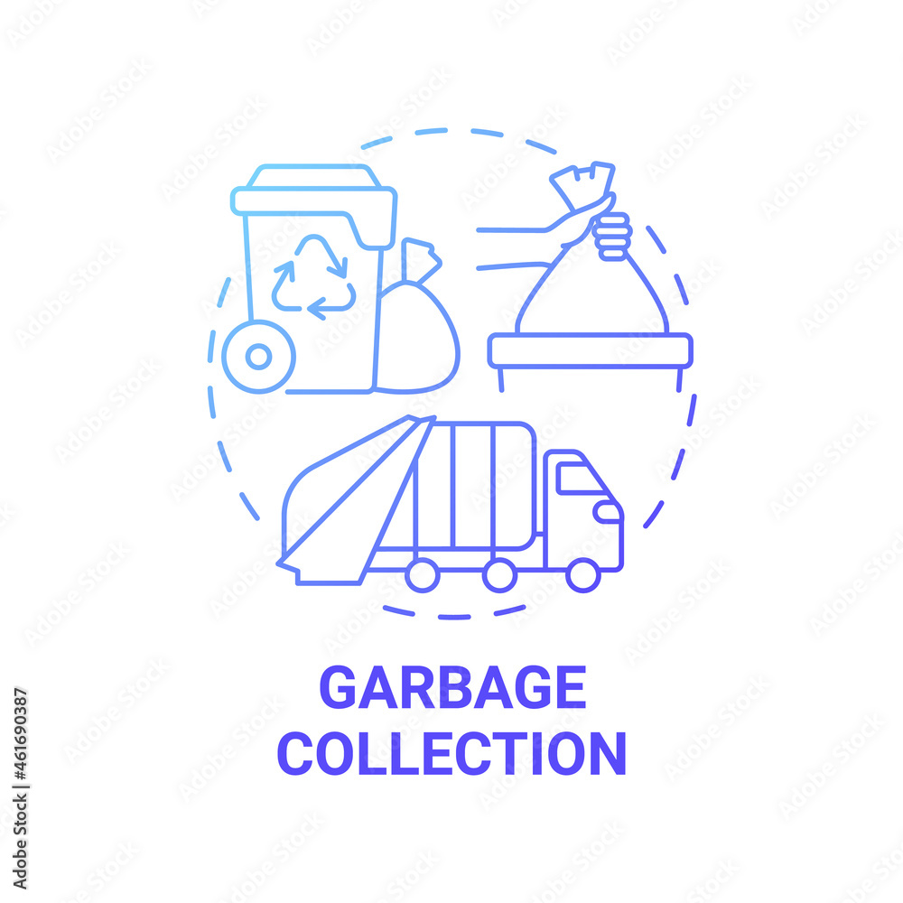 Garbage collection blue gradient concept icon. Waste management process abstract idea thin line illustration. Trash collection truck. Rubbish recycling. Vector isolated outline color drawing Garbage collection blue gradient concept icon. Waste management process abstract idea thin line illustration. Trash collection truck. Rubbish recycling. Vector isolated outline color drawing