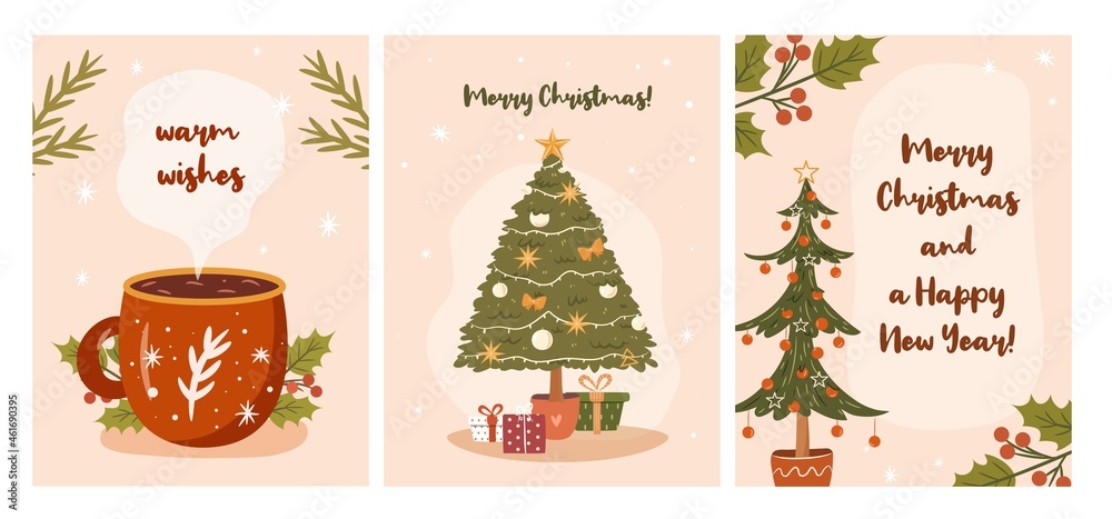 Set of christmas greeting card design. Retro Xmas template collection for flyer, greeting card. Flat vector New Year illustration