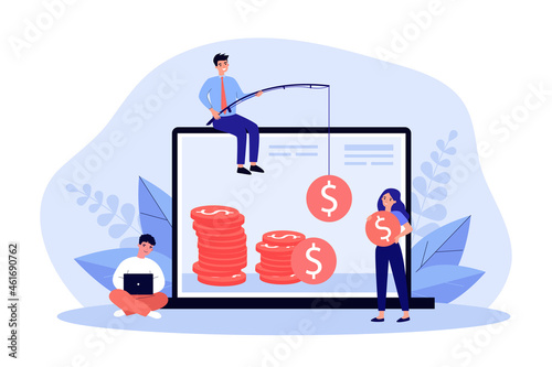 Freelancers making money online. Businessman catching cash on fishing rod, girl holding coin flat vector illustration. Freelance, remote work concept for banner, website design or landing web page