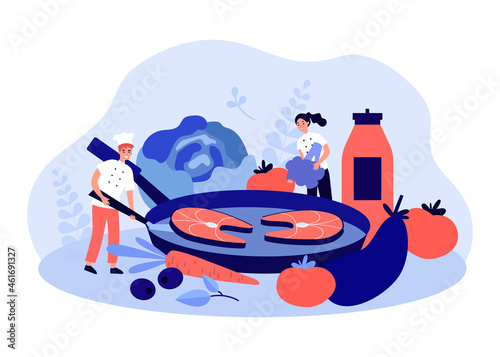 Team of chefs cooking fish and vegetables in pan. Food master class from tiny characters flat vector illustration. Online recipe, cooking course concept for banner, website design or landing web page