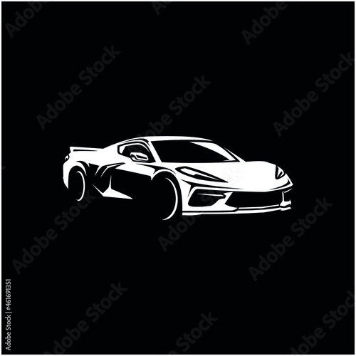 Concept Car Silhouette. Auto sports car showroom emblem design. Performance motor vehicle dealership logo style design on black background. Vector illustration.