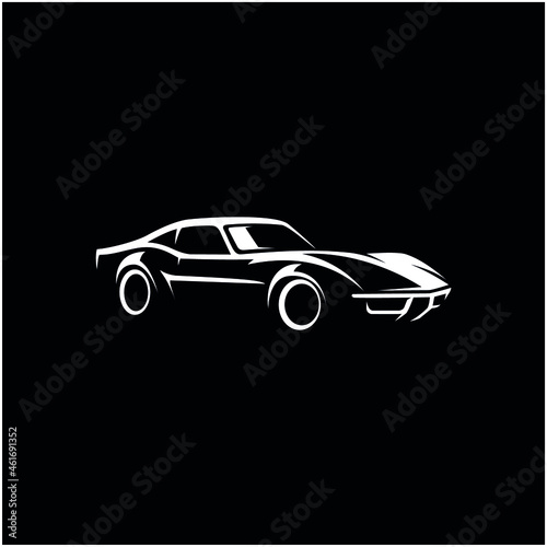 Concept car Silhouette. Auto sports car showroom emblem design. Performance motor vehicle dealership logo style design on black background. Vector illustration.
