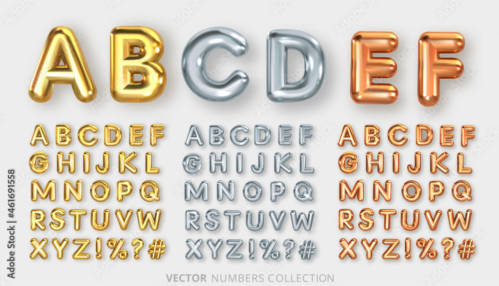 Metallic gold, silver and bronze English alphabet. Sets of letters from A  to Z. Vector illustration. Stock Vector | Adobe Stock