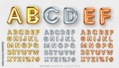 Metallic gold, silver and bronze English alphabet. Sets of letters from A to Z. Vector illustration.