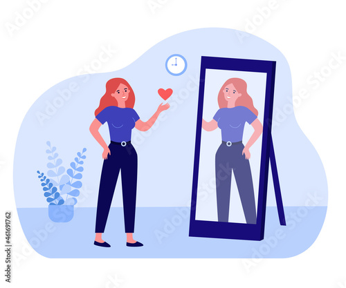 Woman looking in mirror and sending heart to reflection. Confident happy female character flat vector illustration. Self love and confidence concept for banner, website design or landing web page