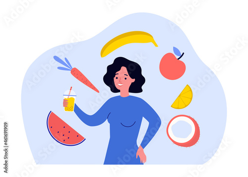 Woman with glass of fresh juice surrounded by fruits. Girl holding beverage with straw in hands flat vector illustration. Detox, healthy food concept for banner, website design or landing web page