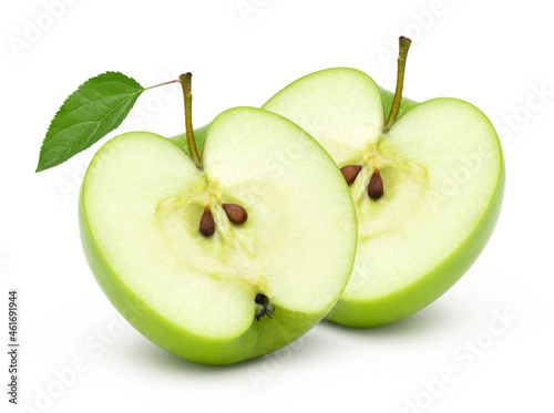 half fresh green apple fruit with leaves isolated on white background.