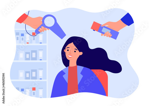 Hands of stylists making hairstyle to woman in barbershop. Hairdresser holding hair dryer, hairspray flat vector illustration. Beauty salon concept for banner, website design or landing web page