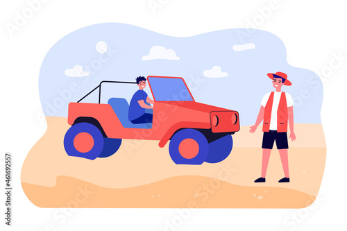 Men travelers on car on desert tour. Tourists traveling African savannah on vehicle. Summer group vacation. Wildlife reservation, holiday concept. Cartoon vector flat illustration.