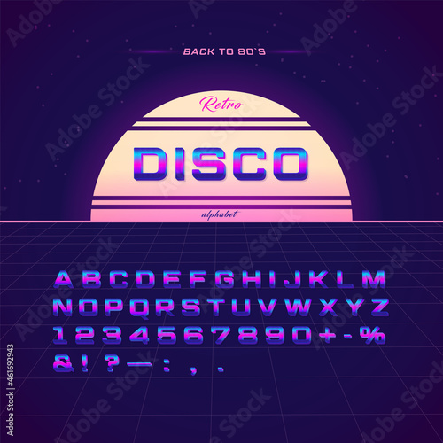Disco. 3D textured alphabet with neon glow effect. For retro projects in the style of the 80s and 90s. Uppercase letters, numbers, signs and symbols.