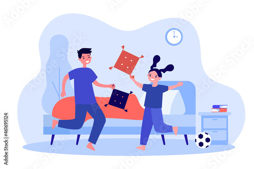 Naughty children in pillow fight at home. Game battle between mischievous kids flat vector illustration. Child discipline, active home play concept for banner, website design or landing web page