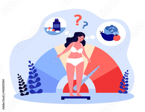 Woman thinking about weight control. Girl in underwear standing on scale in doubt flat vector illustration. Dietary supplement, healthy diet concept for banner, website design or landing web page